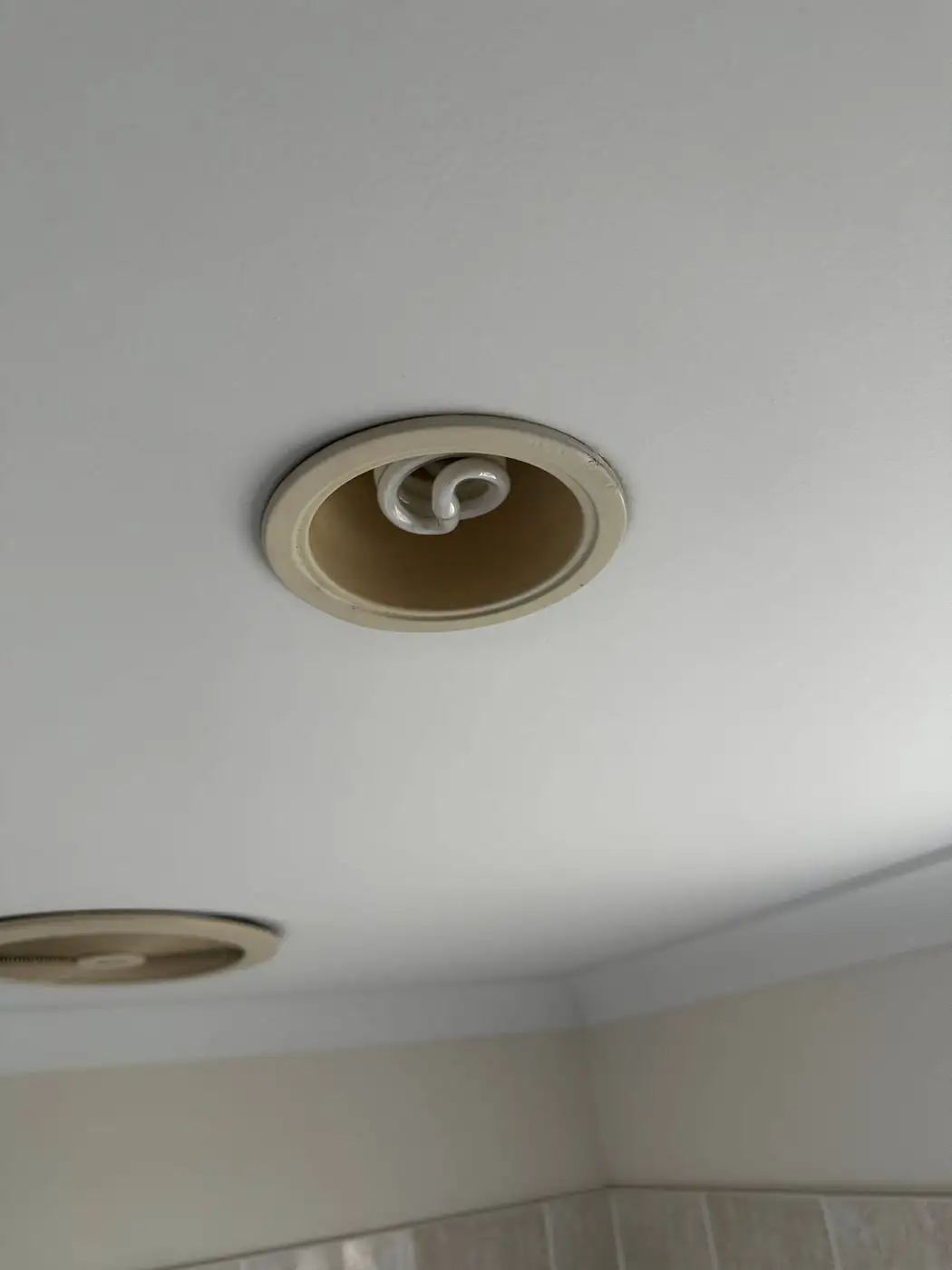 The old cream downlight can with a compact fluorescent lamp screwed into it