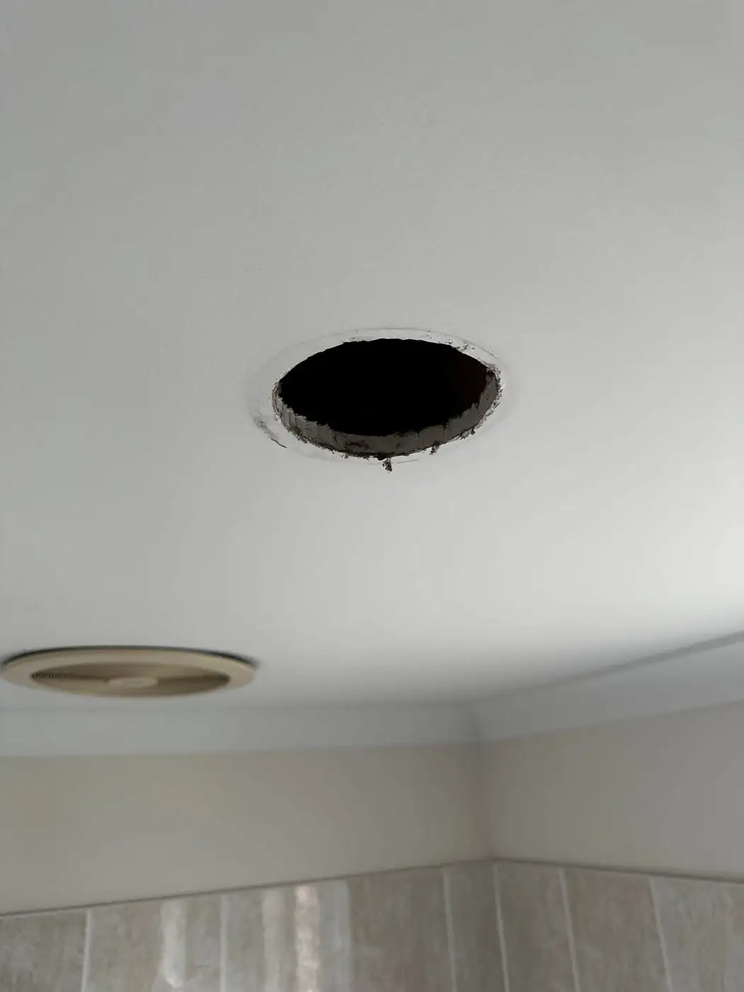 The bare ceiling opening with the old fitting removed